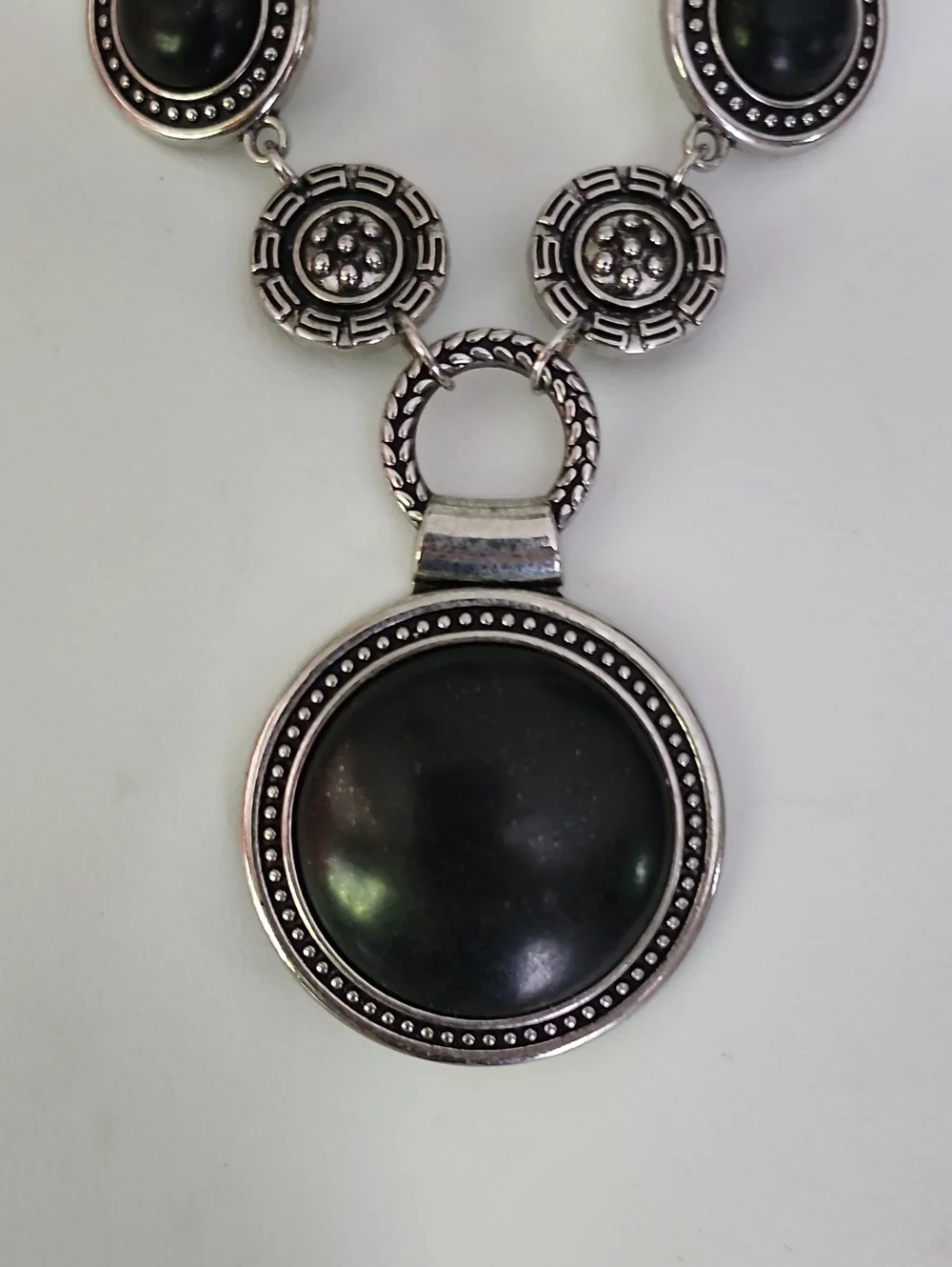 Silver-Tone Black Circular Pendant Necklace